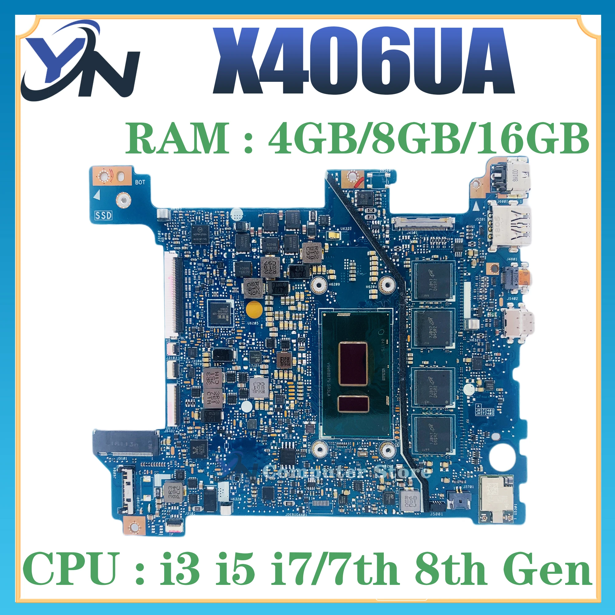 Placa-mãe do portátil para ASUS, X406U, X406UA, S406UA, K406UA, V406UA, X406UAR, Y406UA, X406UAS, I3, I5, I7, 8o, 7o, 4GB, 8GB RAM