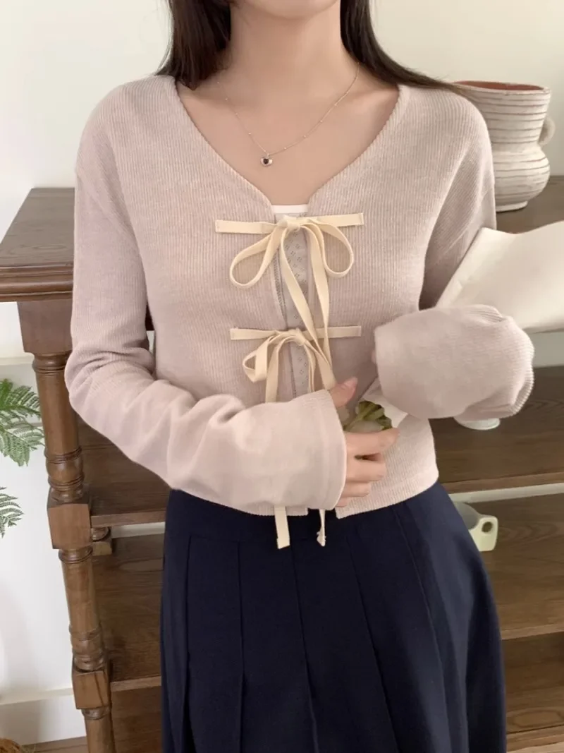 Komiyama V Neck Lace Up Bow Cardigans Femme Gentle Y2k Sweater Spring New Womens Clothing Full Sleeve Crop Knitwears Tops