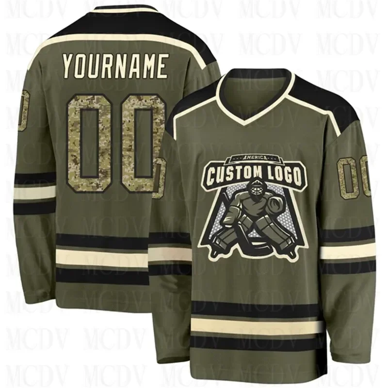 Custom Olive Camo Black- Salute  3D Print You Name Number Youth Mens Women Ice Hockey Jersey Competition Training Jerseys