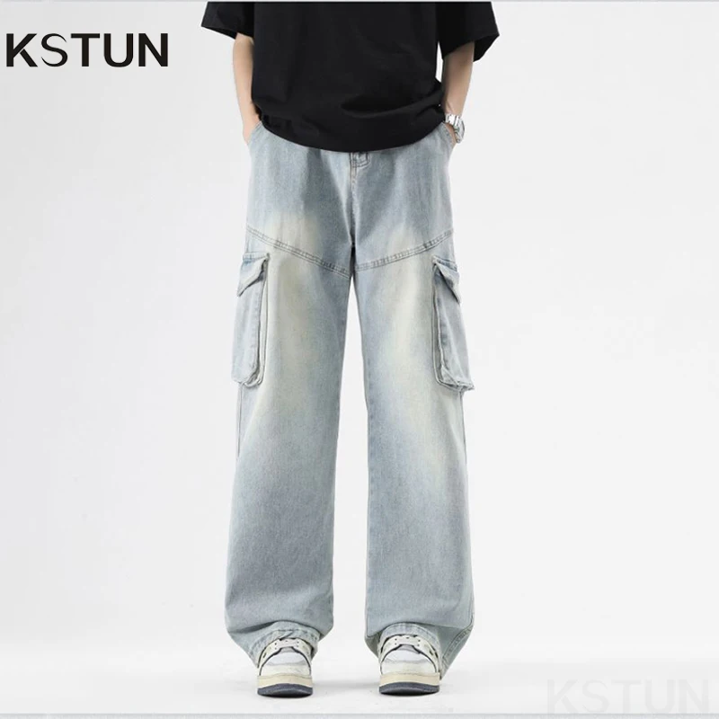 

KSTUN мужские джинсы-карго прямые свободные джинсы джинсовые брюки с несколькими карманами лоскутная уличная одежда светло-голубые мужские брюки оверсайз
