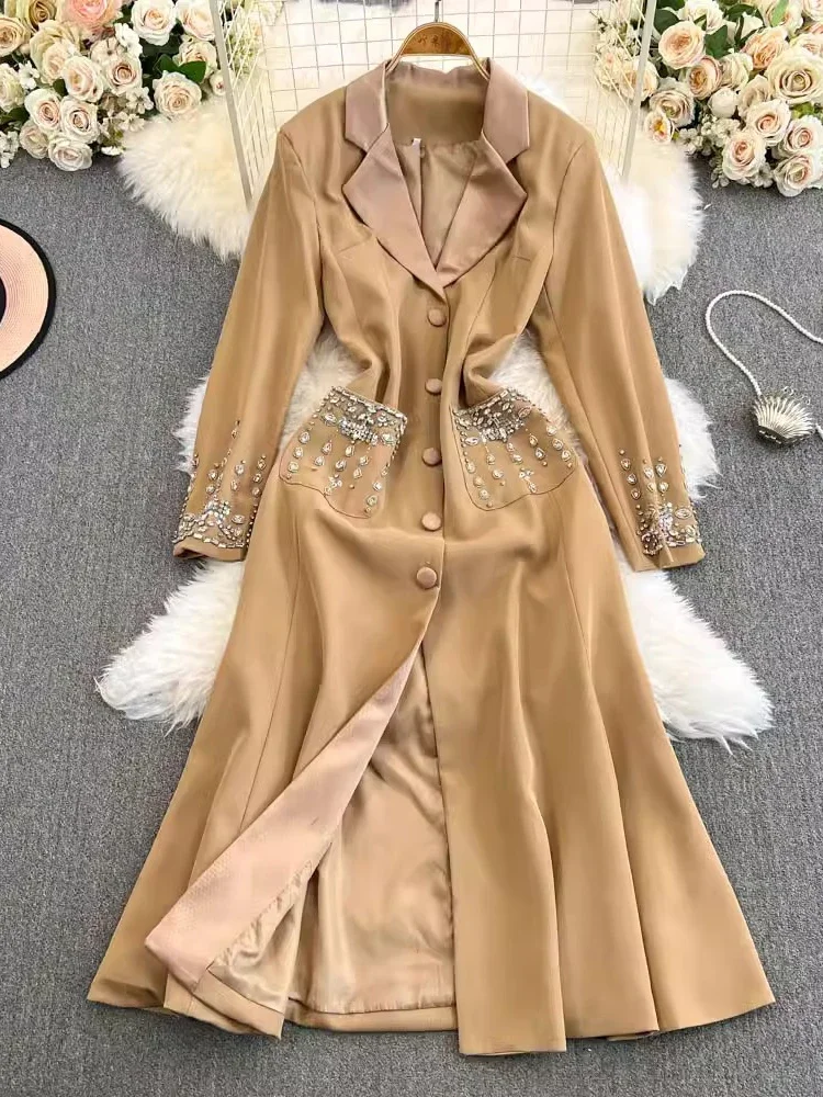 

Autumn Women Khaki/Black/White Diamonds Beading Party Long Dress Vintage Notched Collar Long Sleeve Elegant Single Breasted Robe