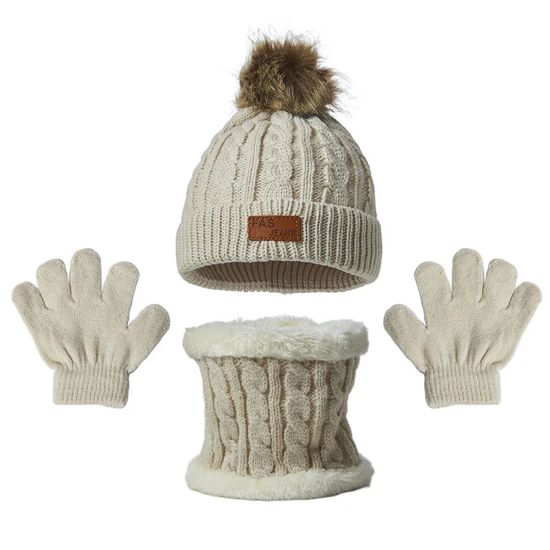 Children's hat scarf gloves three-piece set autumn and winter new single ball baby hat boys and girls knitted hat bib