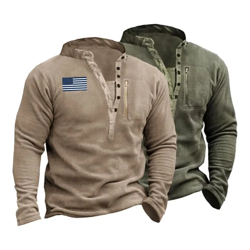 Trendy Men Sweatshirt Men\'s Retro Slim Fit Stand Collar Sweatshirt with American Flag Tag Warm Plush Zipper Pullover for Fall