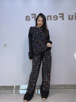 여성 핫 Damond 니트 스웨터 라운드 넥 긴팔 탑과 스트레이트 레그 바지 투피스 세트 의류 o 넥 세트