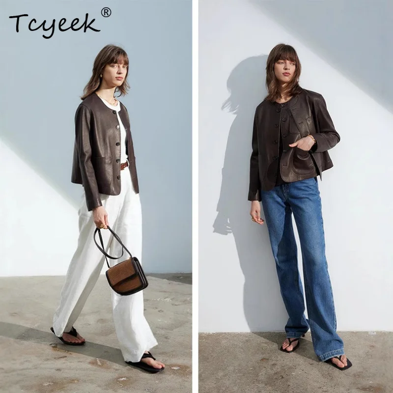 Tcyeek Genuine Sheepskin Leather Jacket Women's Spring Autumn Clothes High-end Leather Coat for Women Short Outerwear Дубленка