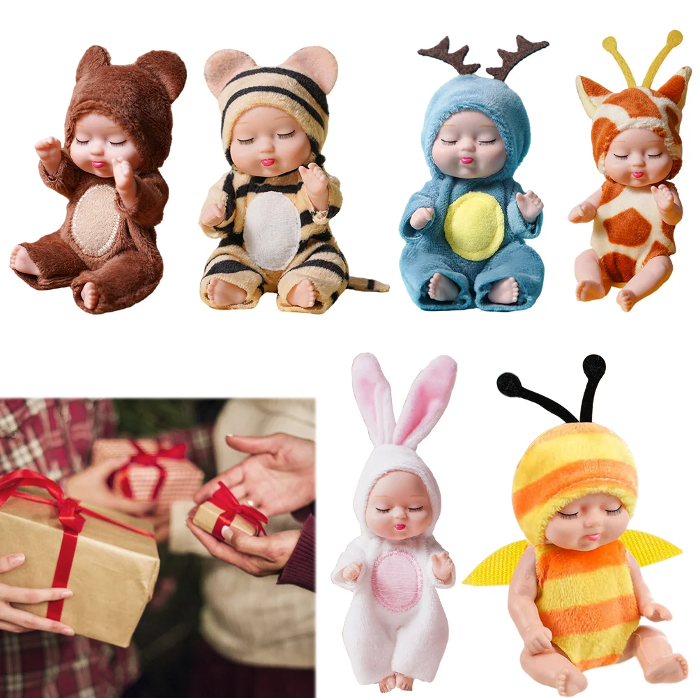 Mini boneca reborn com animais dos desenhos animados, trajes op, fofo, 4.3 polegadas, série de sono, kit de boneca reborn, presente de feriado para crianças