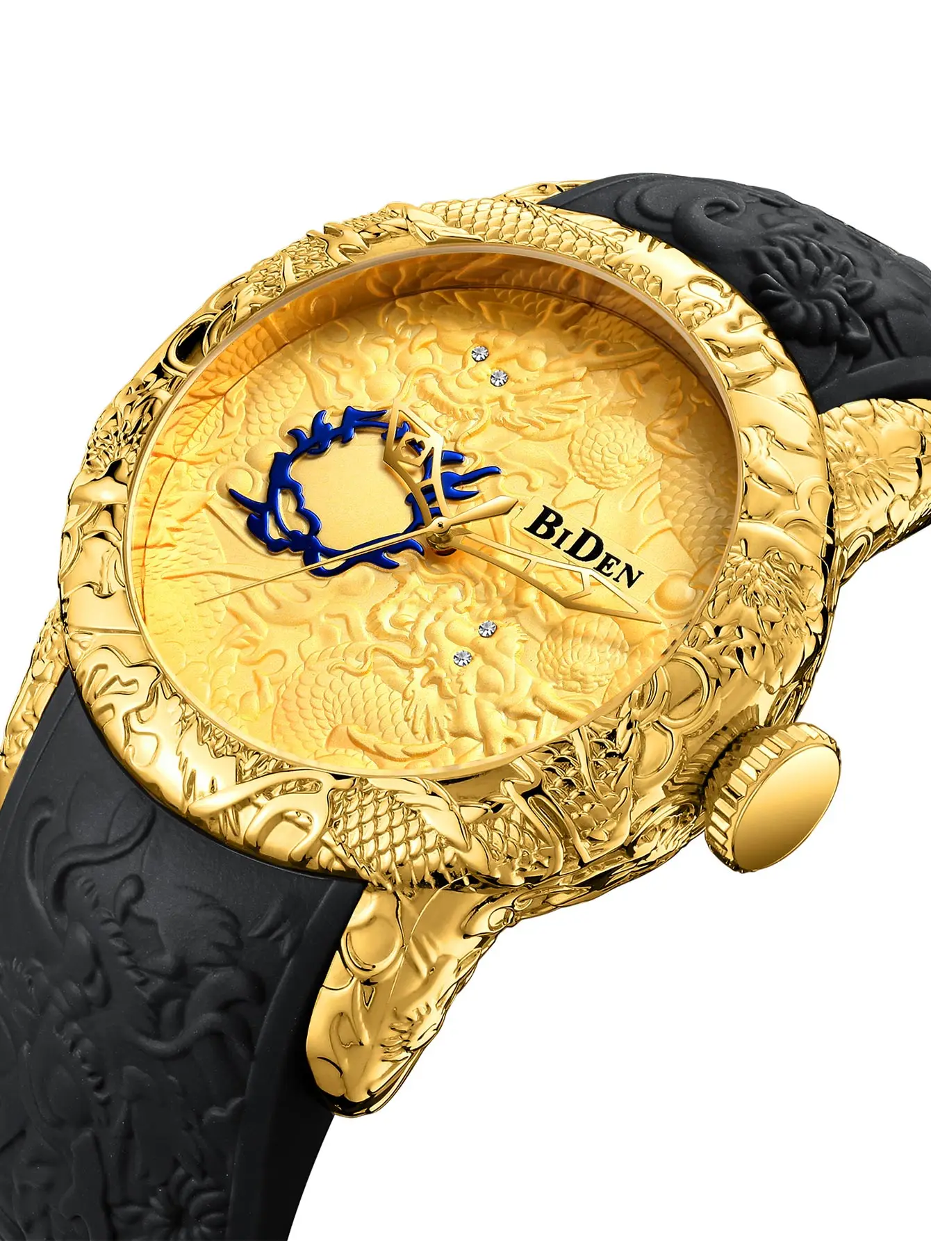 BIDEN Men\'s Watch Large Dial 3D Carving Dragon Waterproof Gold Skeleton Style Quartz Watch High Quality Men\'s Gift+Gift Box