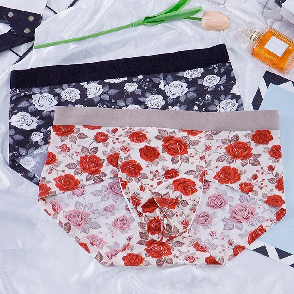 Men Ice Silk Briefs Underwear Bulge Pouch Mid Waist Printed Comfortable Panties Soft Sexy Cuecas Masculina Man Boxershorts