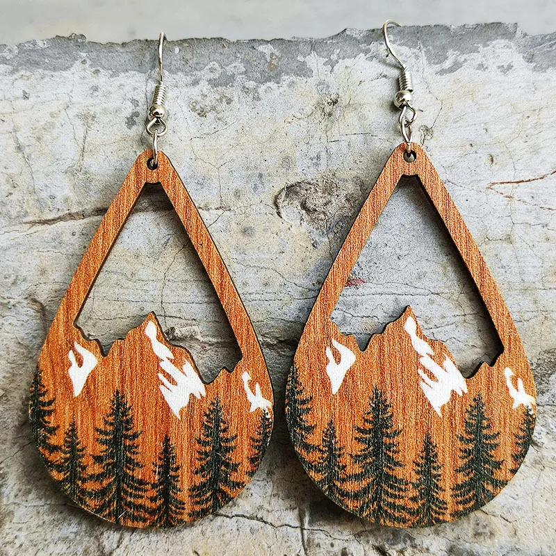 Vintage Snow Mountain Forest Earrings Colorful Hollow Boho Wood Earrings for Women Fashion Jewelry Gifts Wholesale