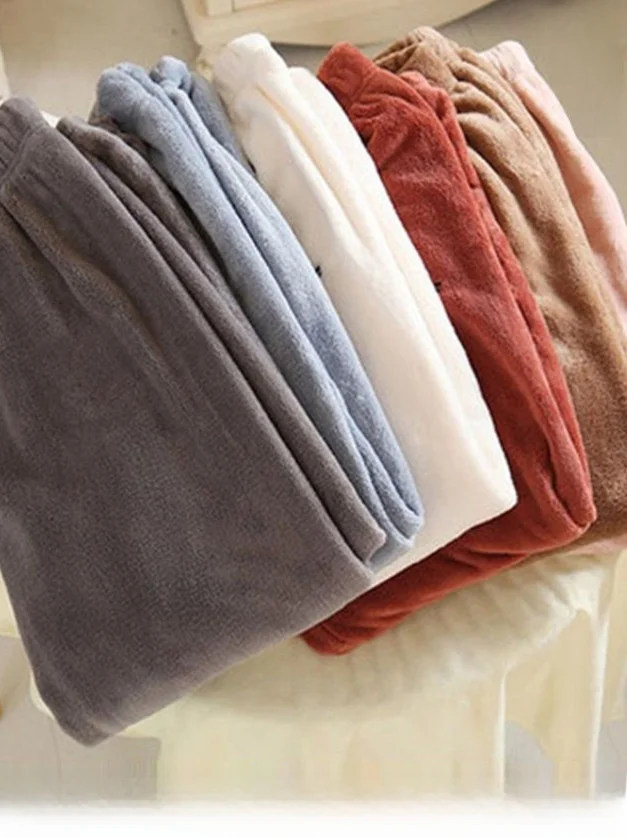 Women's Comfortable Coral Fce Warm Pants Home Leisure Pants High Waist Nine Points Polyester Fabric Thiened Fce Pants