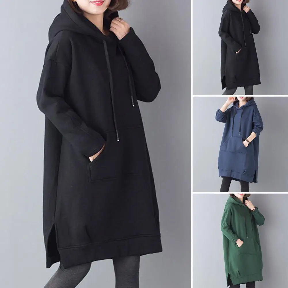 Solid Color Plush Hoodie Cozy Knee-length Plush Pullover Hoodie with Drawstring Hem Big Pocket for Women Warm Winter Wear