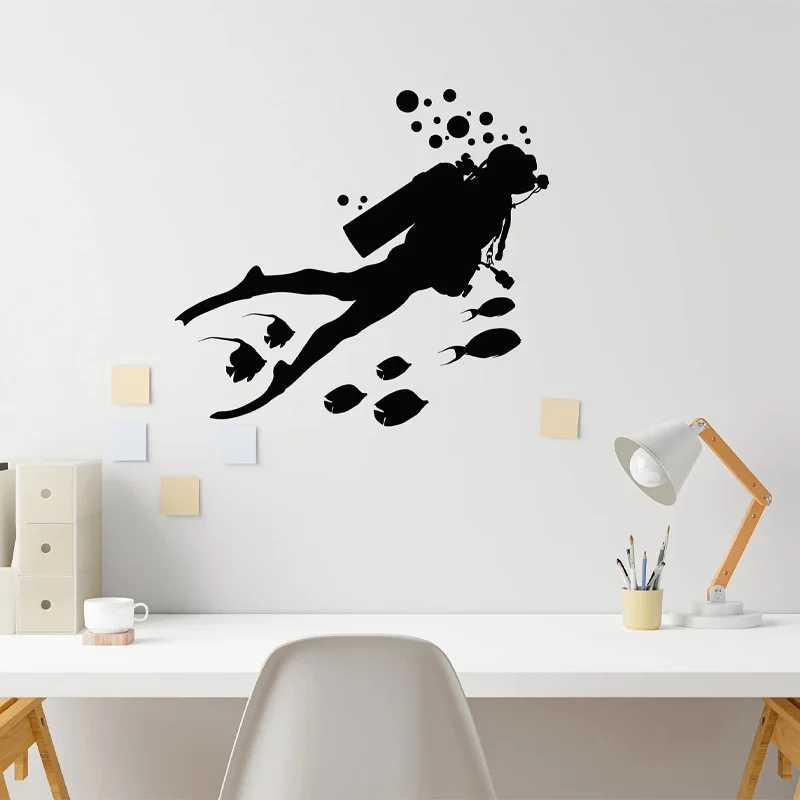 Diver Scuba Diving Fishes Silhouette Bubbles Ocean Sea Marine Wall Sticker Vinyl Home Decor Kids Room Bathroom Decals Mural Q067