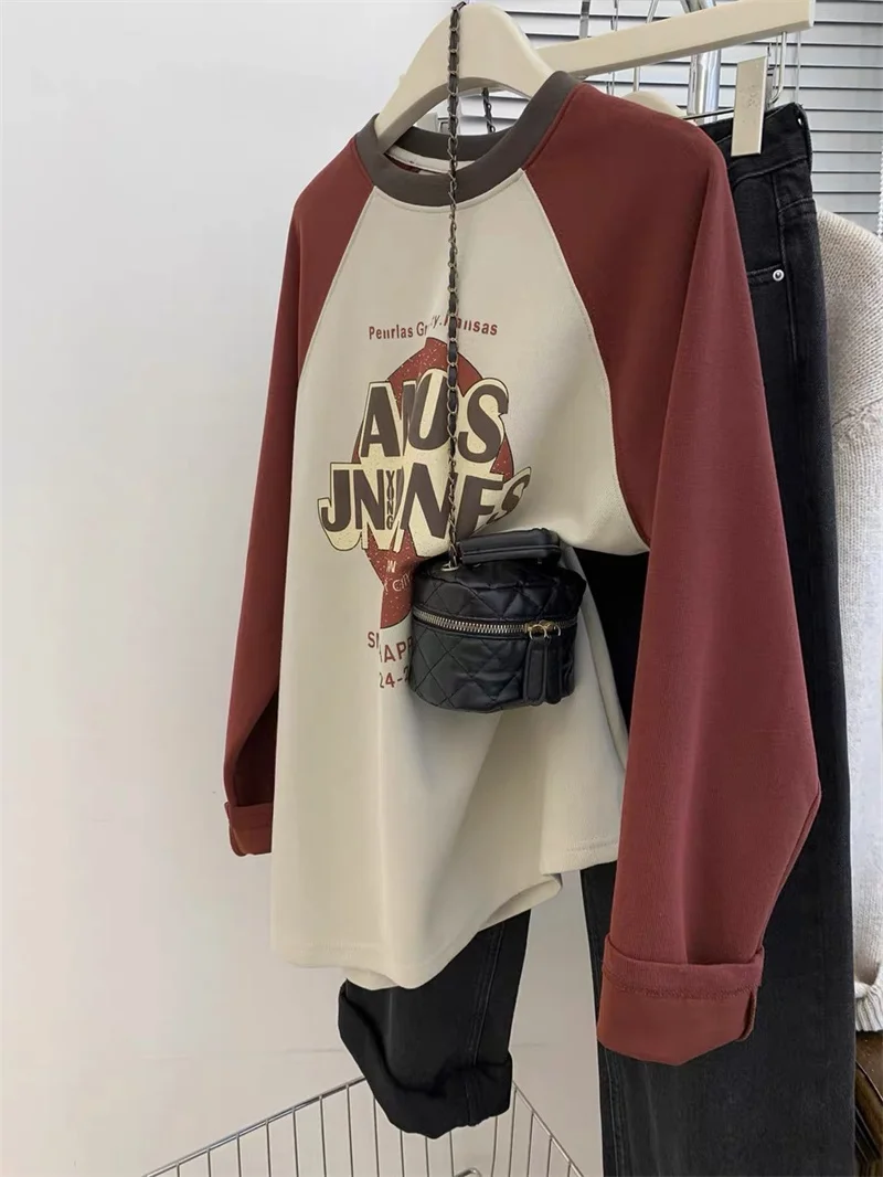 

American Retro Print Shoulder Sleeve Long Sleeve Women's T-shirt Autumn Winter Thickened Inner Wear Loose Top High Sensation
