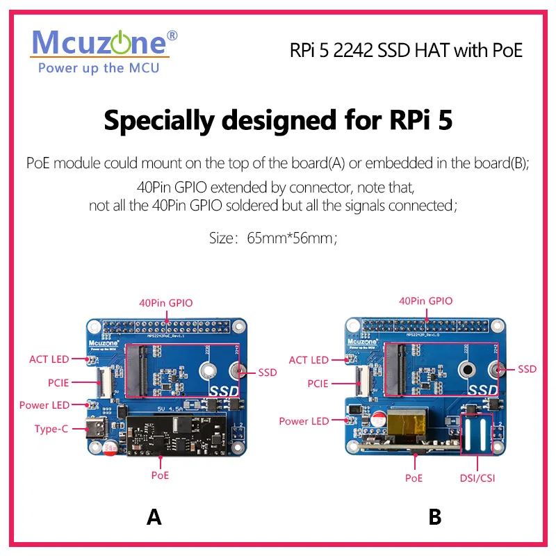 Imagem -02 - Fonte de Alimentação Rpi Pcie para Ssd Nvme 2242 Hat 5v4.5a Suporta 2.2230 Mps2242-poe