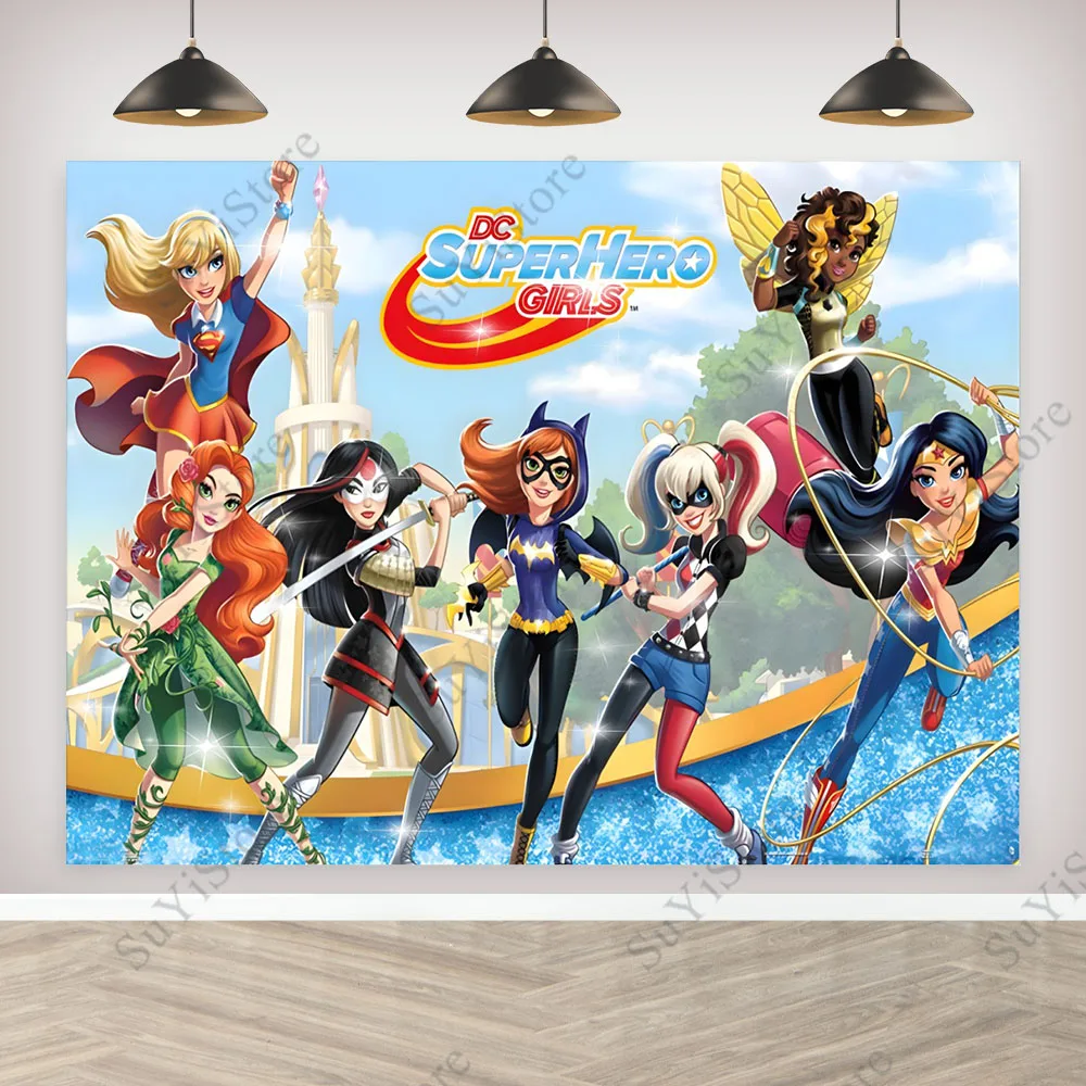 Superhero Girls Photography Backdrop Cover Birthday Party Brave DC Superhero Poster Photo Customize Background Photography Props