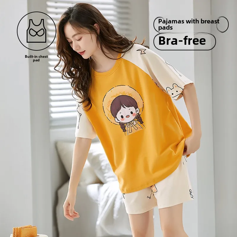 

summer with chest pad Pajamas Set for Women cotton Cartoon Printing Short Sleeve T Shirt+Shorts Sleepwear female Casual Homewear