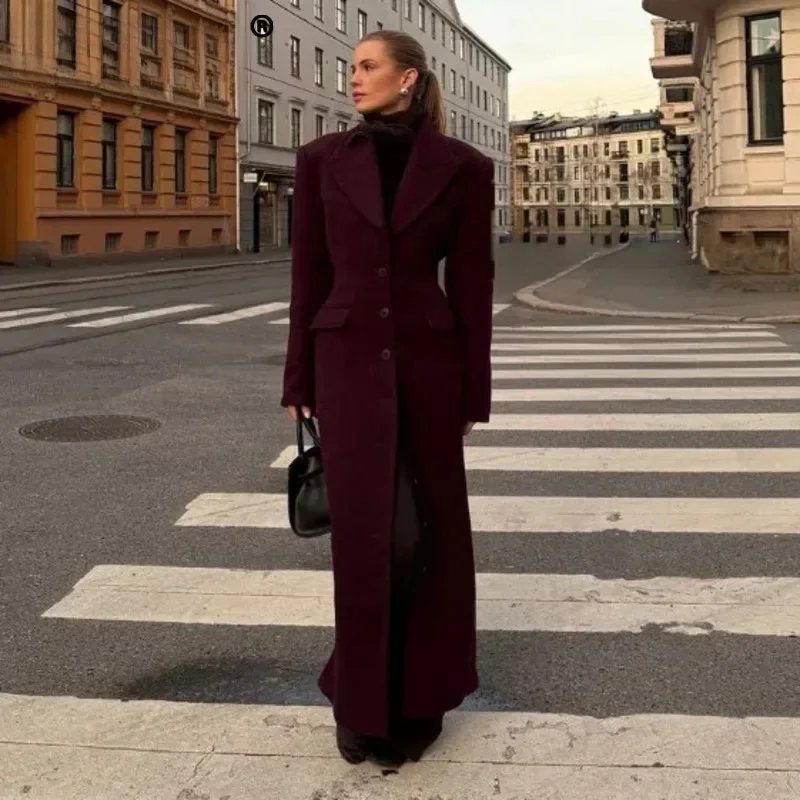 

2025 Fashionable High Waisted Flip Pocket Long Coat Elegant Bury Collar Single Chest Wool Blend New Women's Clothing