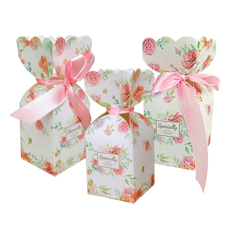 50 Pcs Floral Pattern Candy Boxes Wedding Bridal Shower Baby Birthday Party Favor Gift Box With 50Pcs Light Pink Ribbon