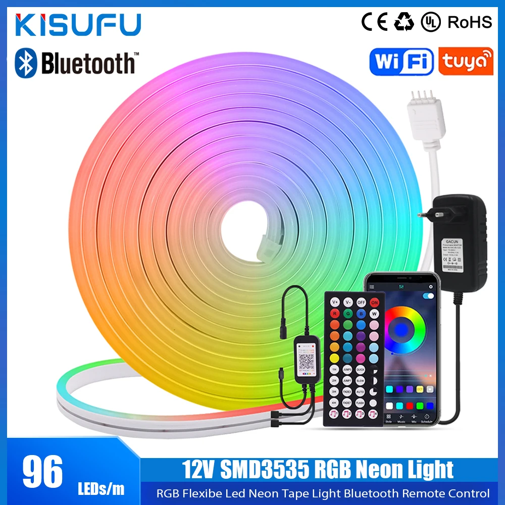 WiFi Tuya Smart Life RGB Neon Strip Light 12V 96LEDs SMD3535 Bluetooth APP Control IP65 Flexibe Neon Tape Light 0.5m-5m for Home