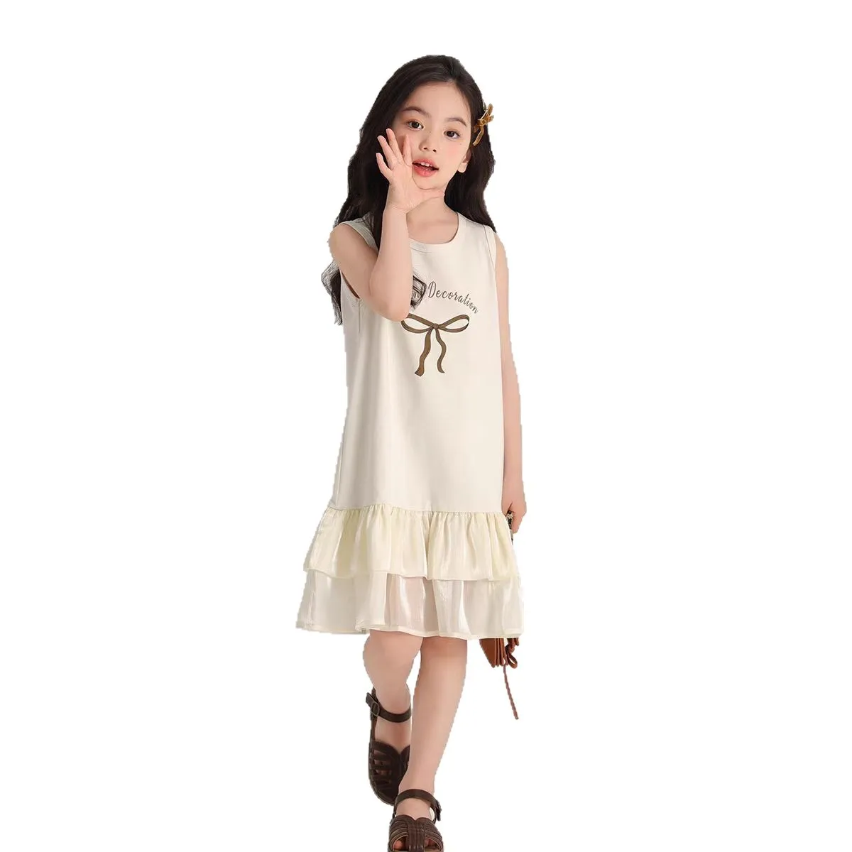 2026 Summer New Children Bow Vest Dress Sleeveless Children Summer Girls Elegant Yarn Tail Long Dress