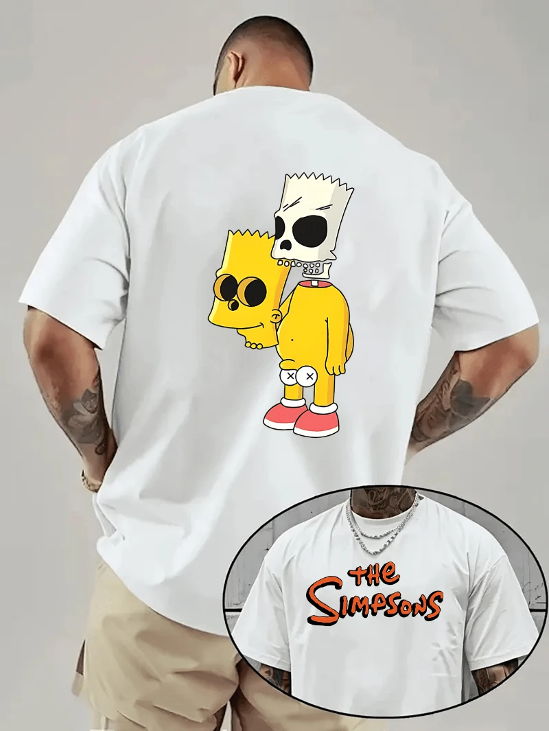 تي شيرت رجالي صيفي كاجوال بأكمام قصيرة مع نمط طباعة وتصميم جمجمة بارت، بلوزة بأكمام قصيرة ورقبة دائرية