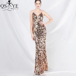 QSYYE Golden Evening Dresses 2024 Sequined Mermaid V Neck Gold Evening Gown Big Sequin Spaghetti Straps Formal Party Dress