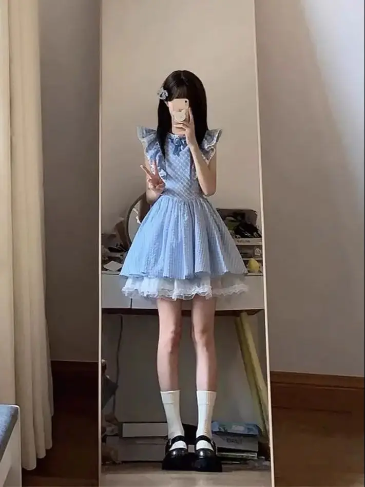 

Japan Sweet Style Blue Plaid Bow Dress For Women 2026 New Princess Cake Skirt