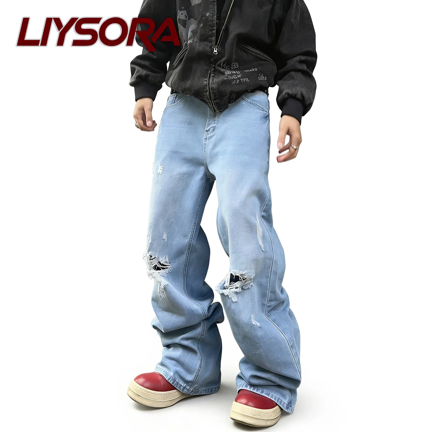 

Джинсы LIYSORA в американском ретро-стиле, рваные, широкие, свободного кроя, весна-лето, унисекс, светло-голубые, из выстиранного денима