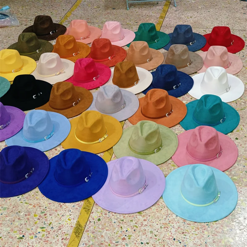 الأرجواني الريش الجلد المدبوغ أفضل قبعة 9.5 سنتيمتر واسعة حافة فيدورا قبعة الرجال النساء الخريف الشتاء ورأى الجاز القبعات الكلاسيكية الكنيسة فيدورا سمبريرو #6