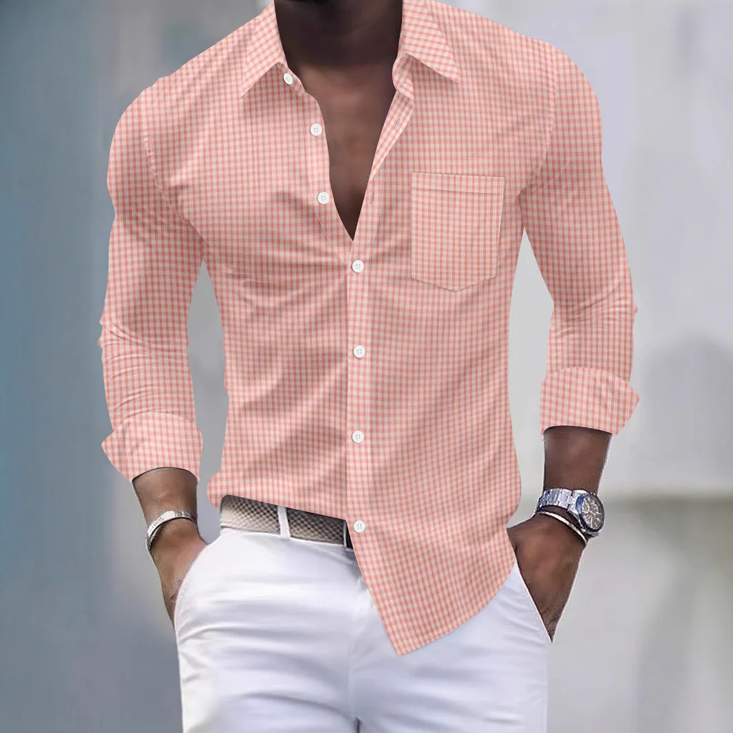 New men's solid-color checkered casual long-sleeved shirt with collar buttons and pocket - daily commuting business shirt