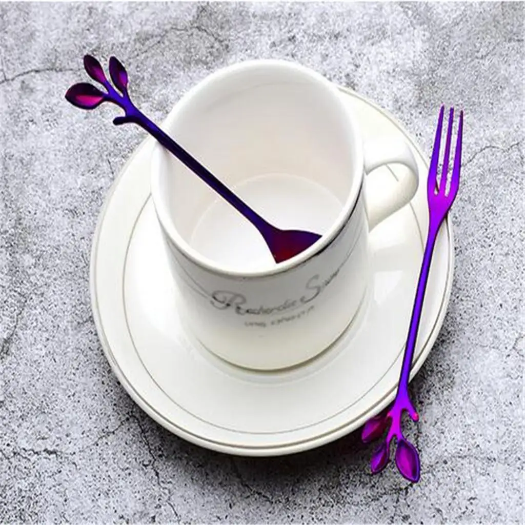 Stainless Steel Color Spoon Blue Colored Steel Cutlery Mixing Utensil Elegant Leaf Pattern for Dessert Restaurant