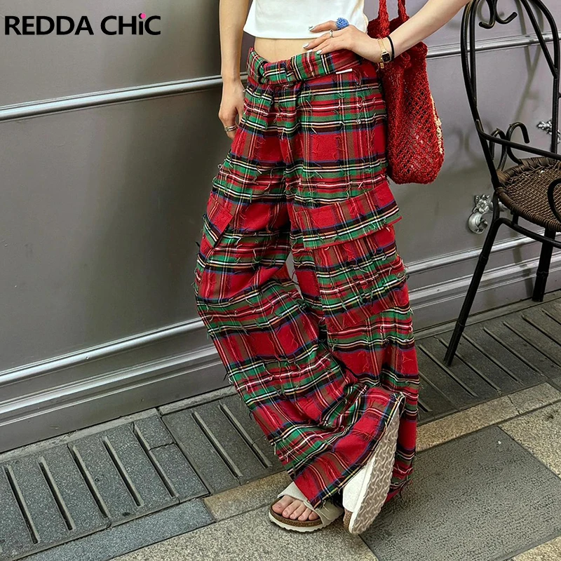 ReddaChic Tartan Plaid Ripped Women's Cargo Pants Contrast Checkered Tassels Pockets Wide Leg High Waist Trousers Retro Clothes