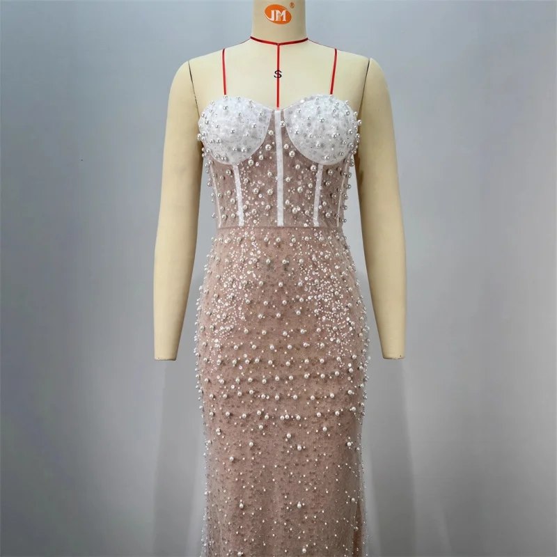 Neue Ankunft Perlen Pailletten Sexy Fishbone Trägerloses Kleid Langes Kleid Europäischen und Amerikanischen Party Abend Hochzeitskleid