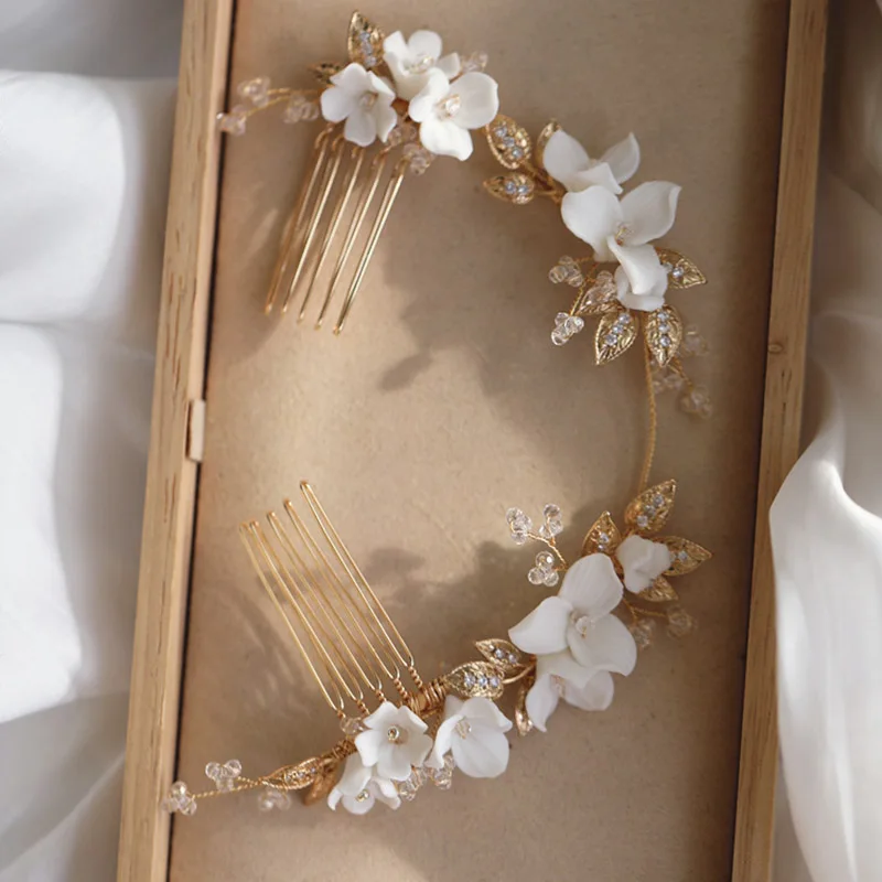 

Ins Cermaic Flower Long Comb Bridal Hair Piece Gold Color Leaf Women Wedding Prom Hair Jewelry Accessories
