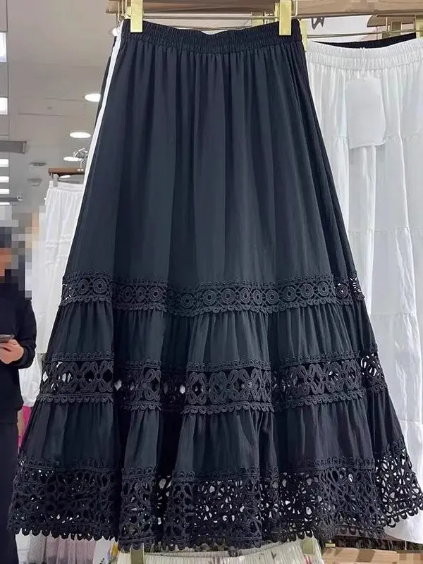 

plus Size Heavy Embellished Hollow out Splice Skirt Women's Summer Hiding Hip Elastic Waist Slimming Long Skirt