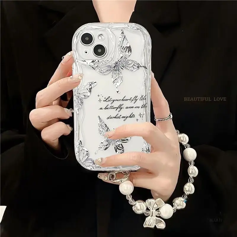 Silvery Butterfly Chain Phone Case For Samsung Galaxy S24 S23 S22 S21 Plus Ultra S23FE S21FE S20FE A12 Cover Love Heart Wrist