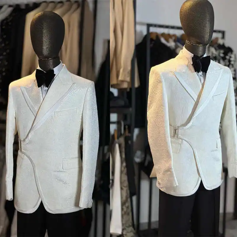 Simple Wedding Tuxedos Jacquard Drawstring Men Suit Peaked Lapel 1 Piece Set Jacket Party Groom Business Blazers Customized