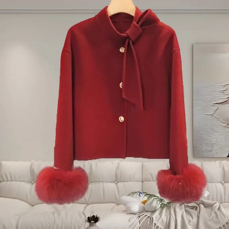 Damski płaszcz z naturalnego futra lisa z mankietami, mieszanka wełny, odzież wierzchnia, kaszmirowy płaszcz zimowy z prawdziwego futra, 2025