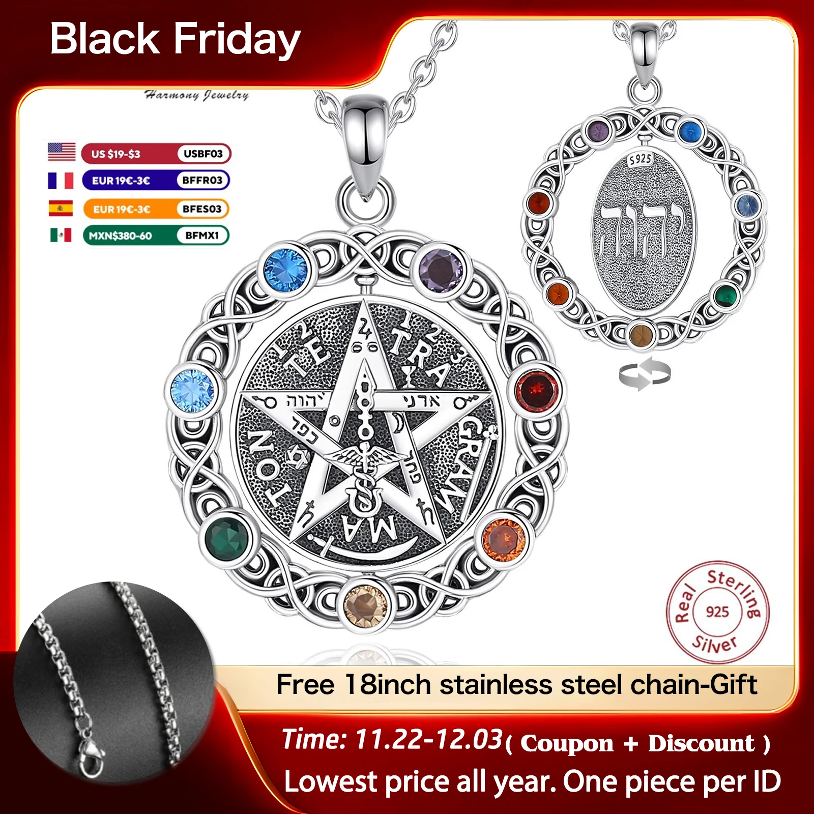 Eudora Original 925 Sterling Silver Pentagram Necklace for Women Man 7 Color Chakra Star Tetragrammaton Pendant rotatable Gift