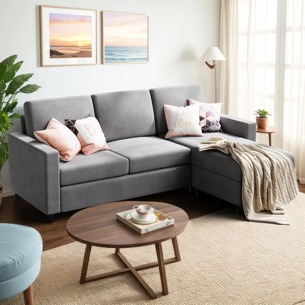 Modern Linen Fabric L-Shaped , 3-Seat Sofa Sectional with Reversible Chaise for Living Room