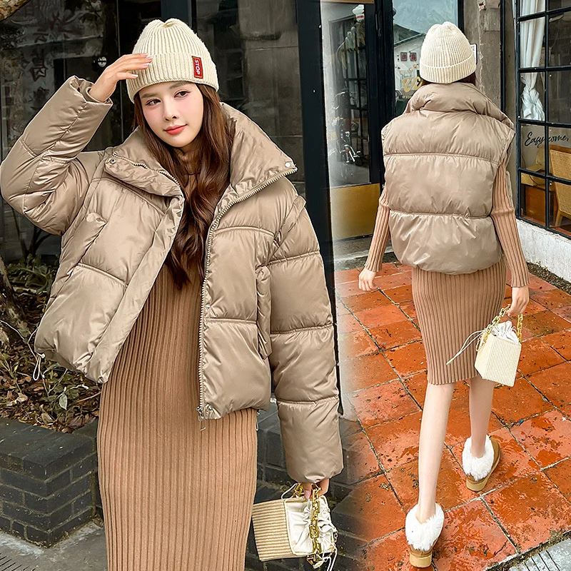 Oversized Fashion Parkas Puffer Jacket Women's Winter 2024 New Detachable Sleeve Loose Student Coat Thick Warm Outerwear Female