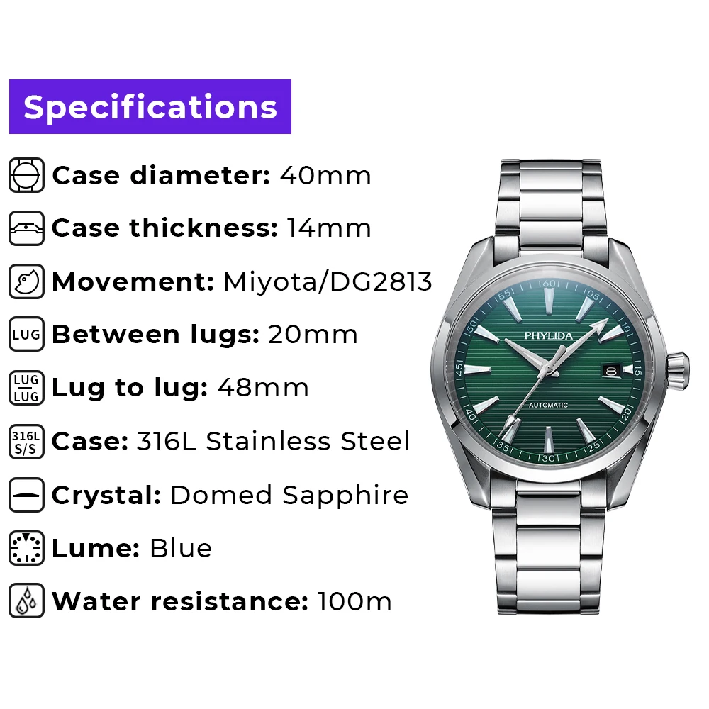 PHYLIDA Automatic Watch Green Dial Miyota Mechanical Wristwatch Solid SS Sapphire Crystal Aqua 100m WR