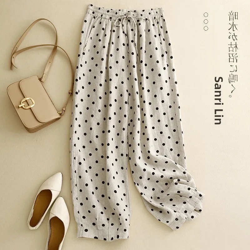 

Широкие хлопковые льняные брюки с высокой талией и принтом в горошек, утягивающие брюки с девятью точками для женщин больших размеров, повседневные брюки для поездок на работу