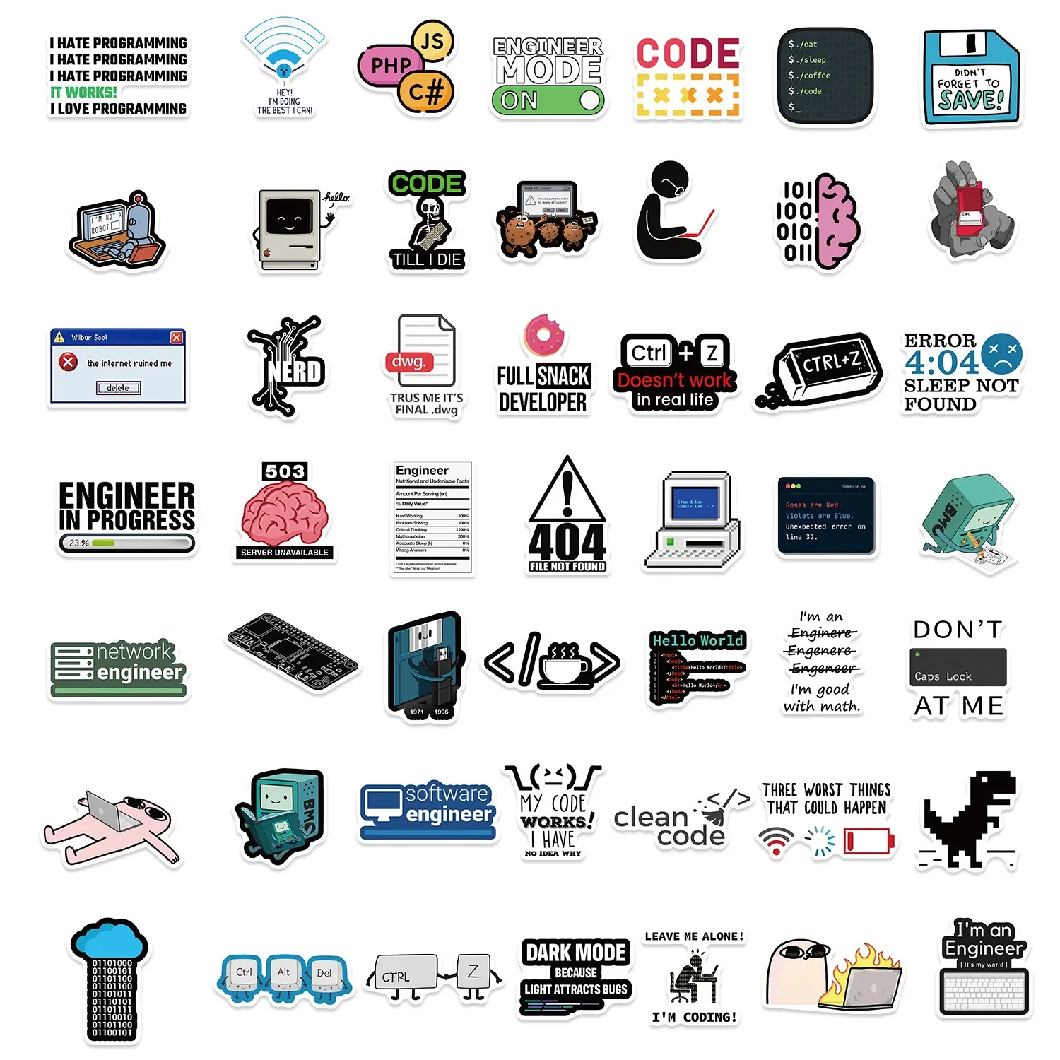 50PCS Funny Programming Meme Stickers Java JS Php Docker Html Cloud Language Decals Computer Laptop 404 Network Error Sticker