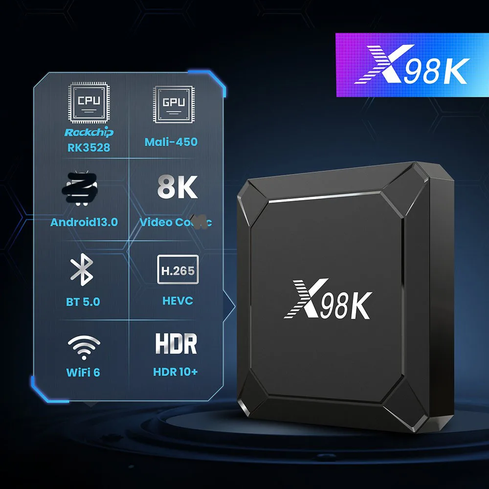 

ТВ-приставка X98K 16ГБ/32ГБ, смарт-приставка на Android 13, медиаплеер 8K, сеть 2G/16G, 2.4G/5G, RK3528, Dual WiFi6, BT 5.0