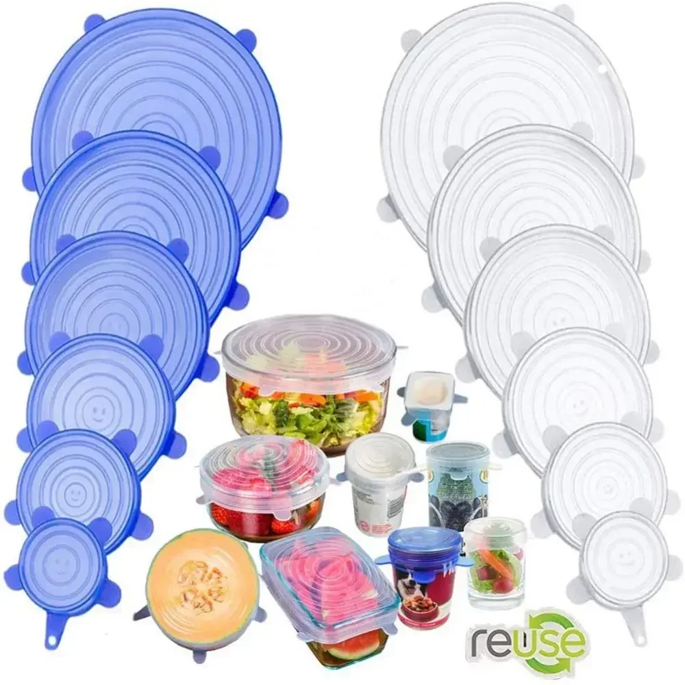 Tapas elásticas de silicona para cocina, cubiertas universales adaptables para cuencos y microondas, 6 piezas