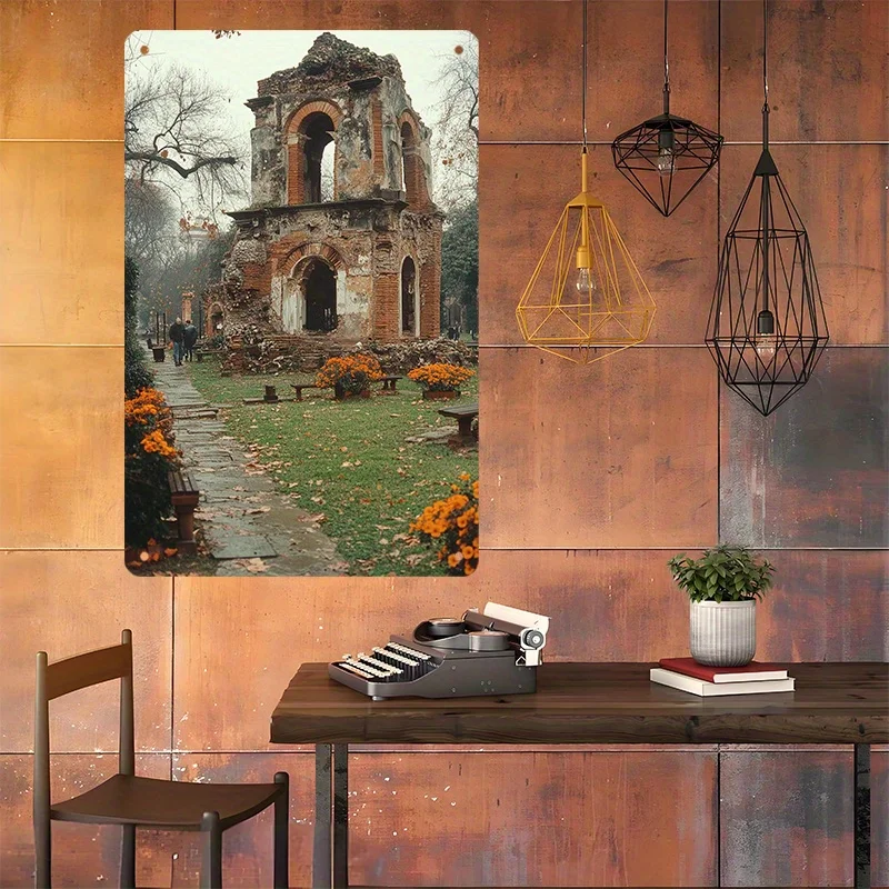 لافتة معدنية عتيقة - أطلال الكنيسة الريفية مع زهور برتقالية للخريف، 8 × 12 بوصة، ملصق آرت ديكو لديكور جدران المنزل والمتجر