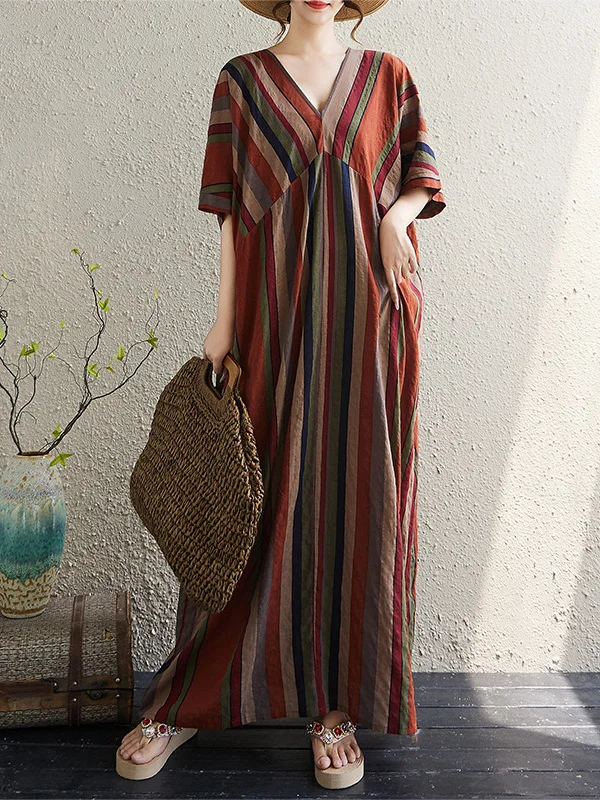 กระโปรงยาวทรงหลวมพิมพ์ลายผ้าฝ้ายลินินสำหรับผู้หญิงไซส์ใหญ่ ทรงวี คอวี แขนสั้น สไตล์เรโทร เหมาะสำหรับใส่ไปทำงานในฤดูร้อน