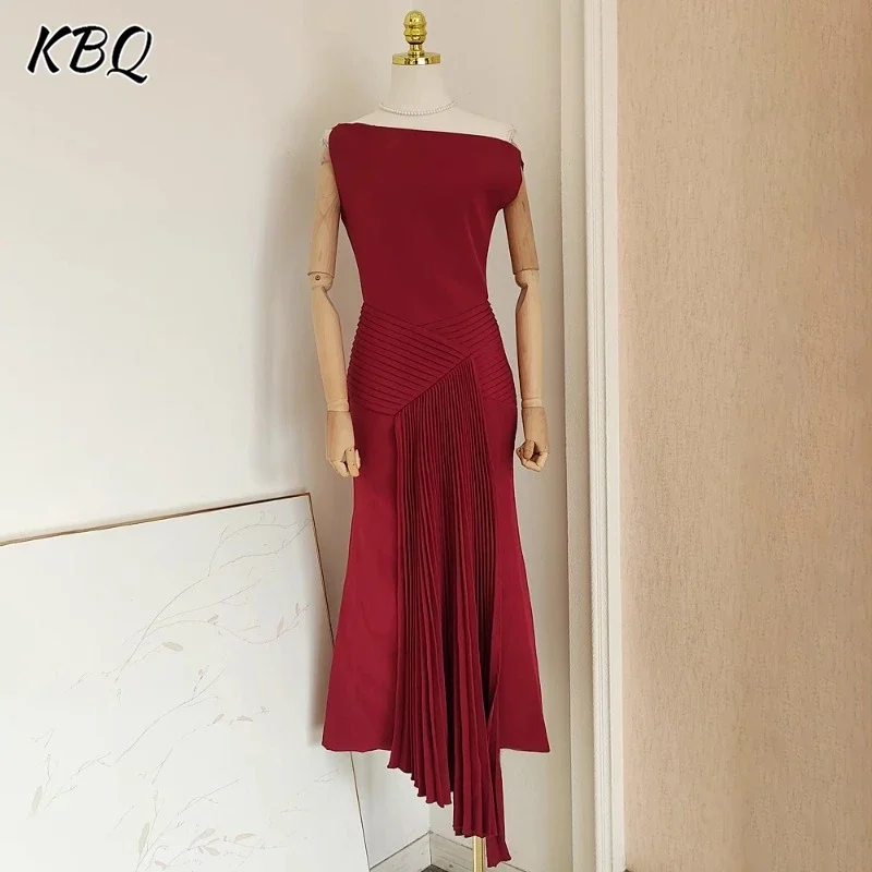 

KBQ Solid Spliced Folds Slimming Backless Dresses For Women Slash Neck Sleeveless Temperament Evening Dress Female Fashion New