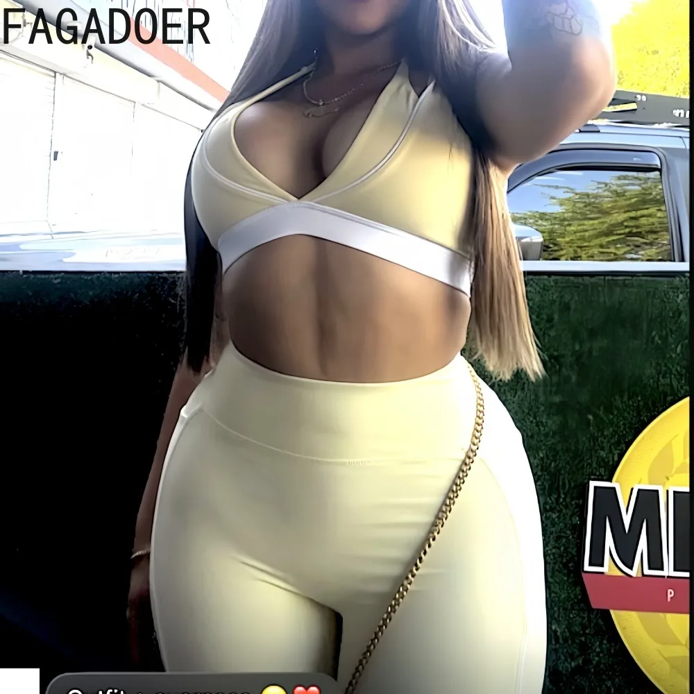 

FAGADOER Fashion 2 Pieces Set for Woman Outfits Color Block Sleeveless Backless Crop Top and Shorts Matching Female Sportswear